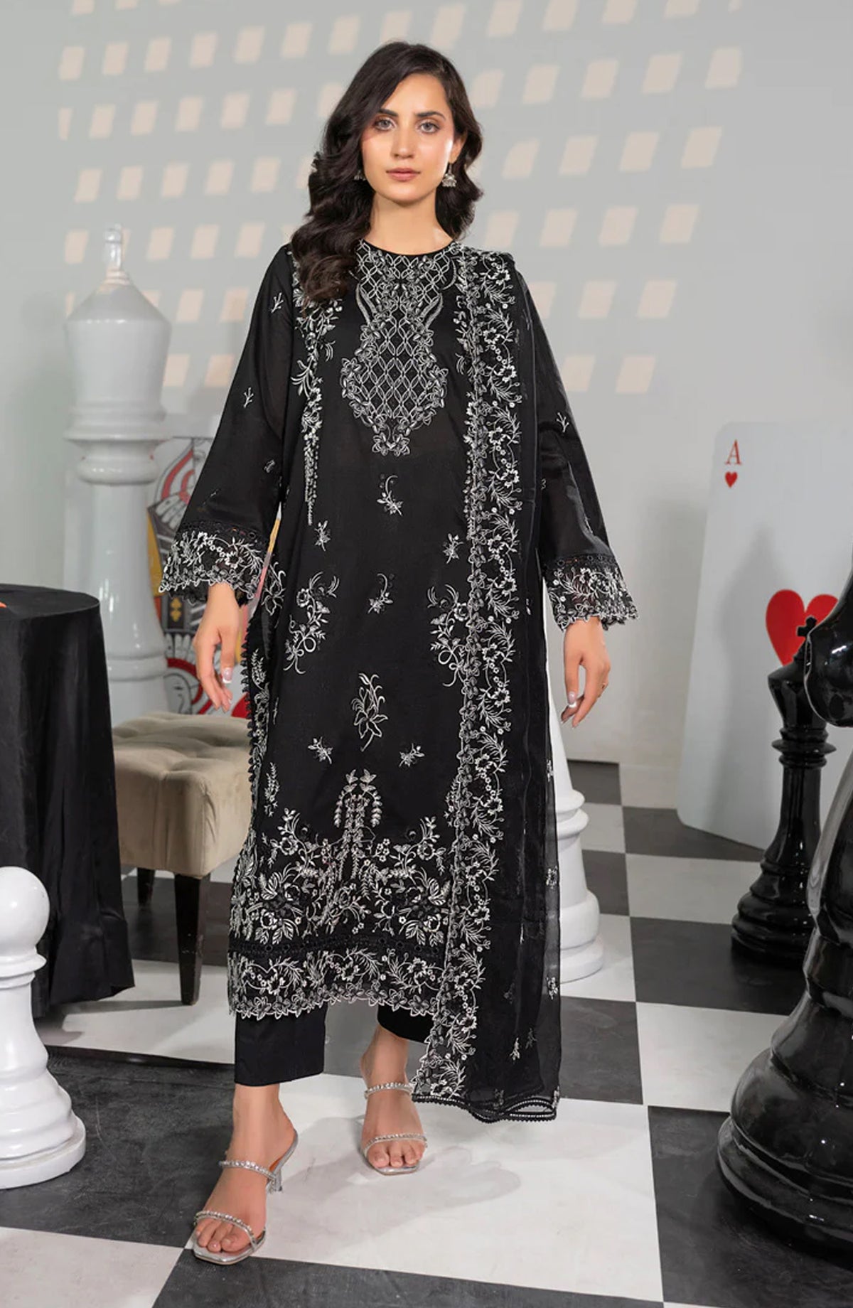 Marjjan Chashni Embroidered Lawn Unstitched 3 Piece Suit - MZL-53 - MRJ26HNI - Black - Summer Collection