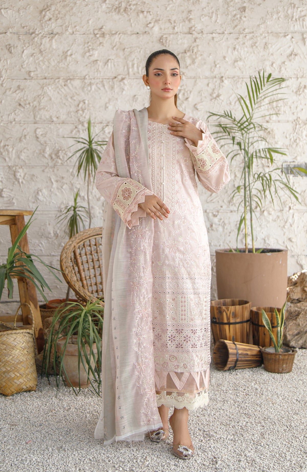 Marjjan Exclusive Embroidered Lawn Unstitched 3 Piece Suit - MNC 204 - MRJ26LW - Pink - Luxury Collection