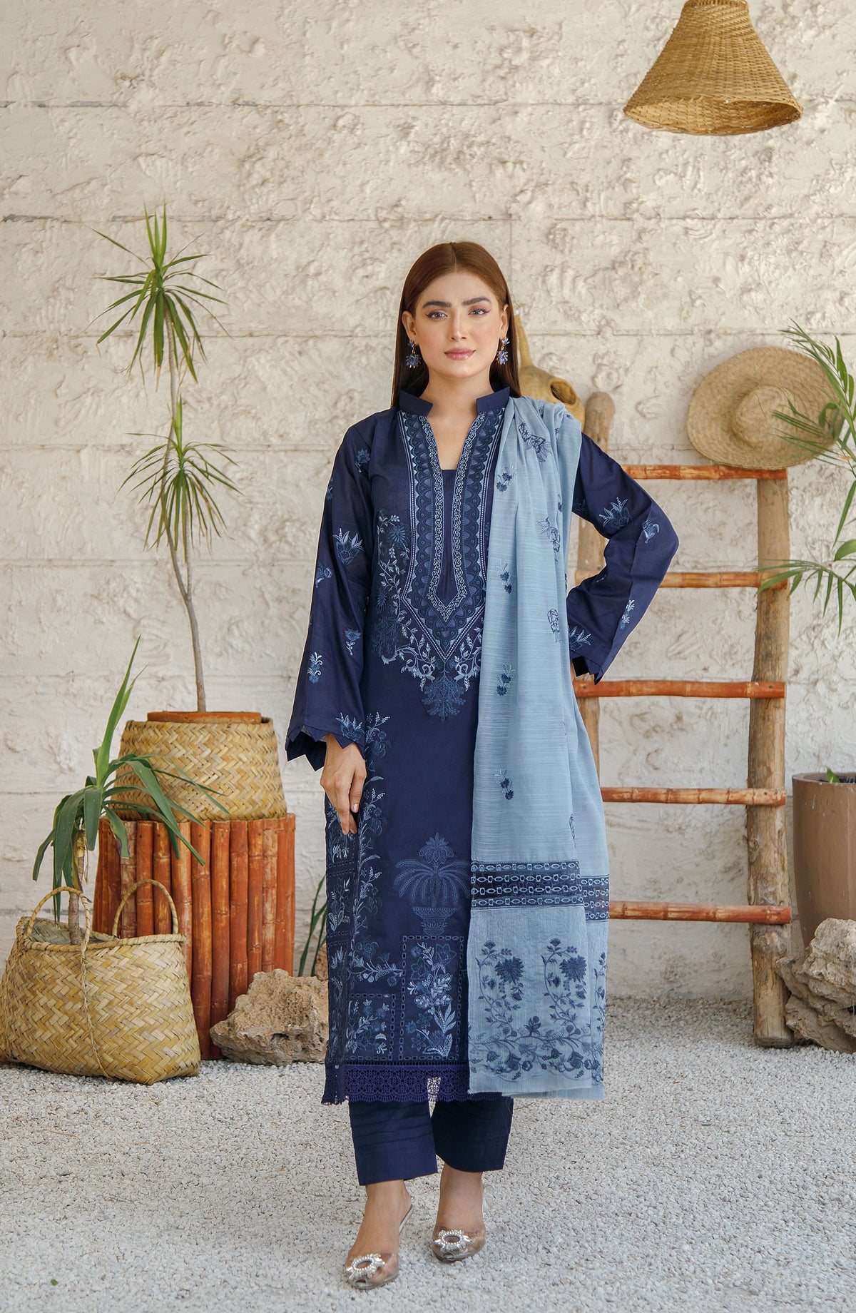 Marjjan Exclusive Embroidered Lawn Unstitched 3 Piece Suit - MNC 255 - MRJ26LW - Blue - Luxury Collection