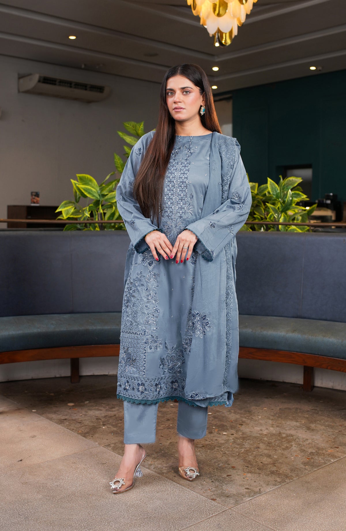 Marjjan Exclusive Embroidered Lawn Unstitched 3 Piece Suit - MNC 263 - MRJ26LW - Blue - Luxury Collection