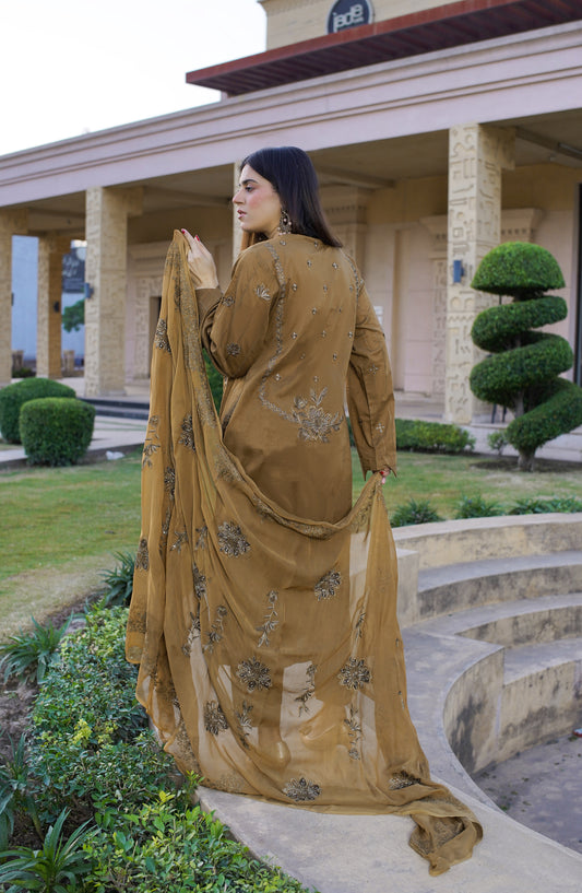 Marjjan Exclusive Embroidered Lawn Unstitched 3 Piece Suit - MNC 263 - MRJ26LW - Brown - Luxury Collection