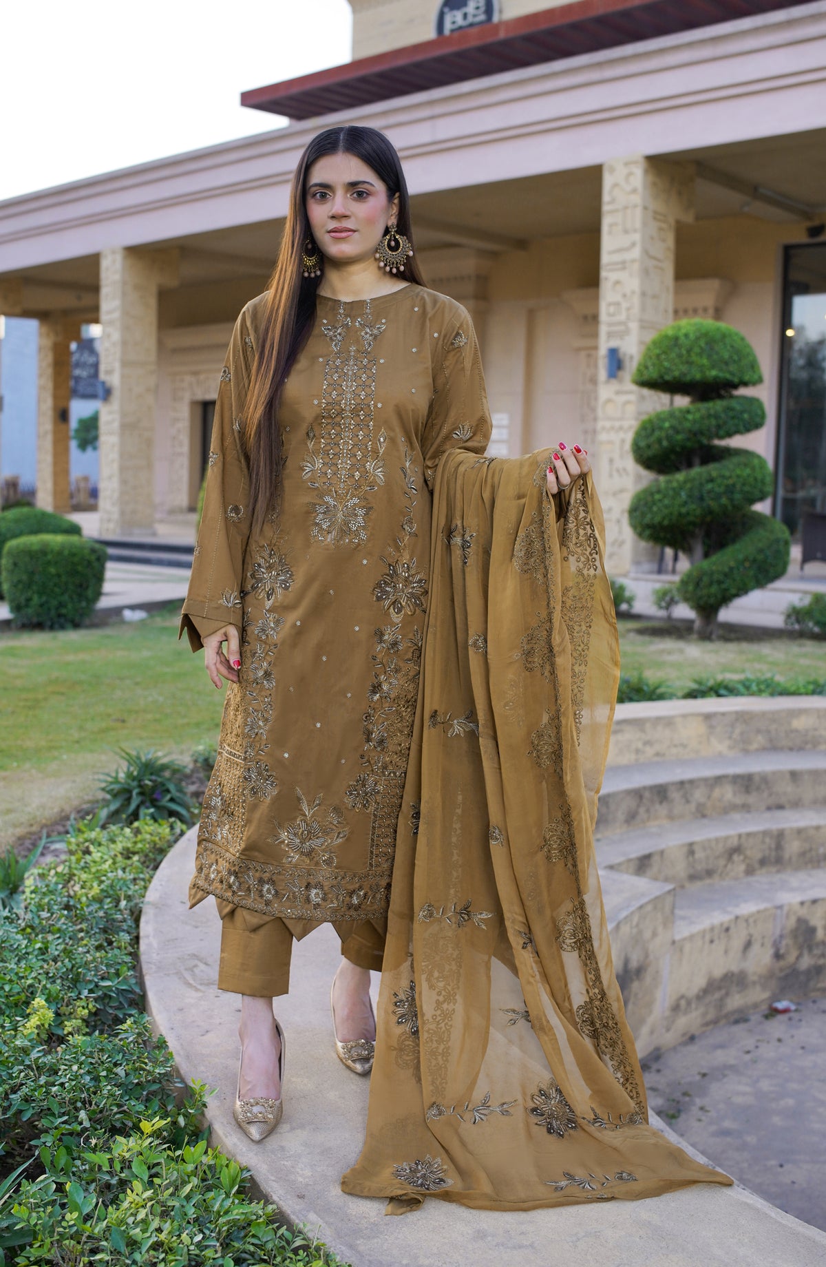 Marjjan Exclusive Embroidered Lawn Unstitched 3 Piece Suit - MNC 263 - MRJ26LW - Brown - Luxury Collection