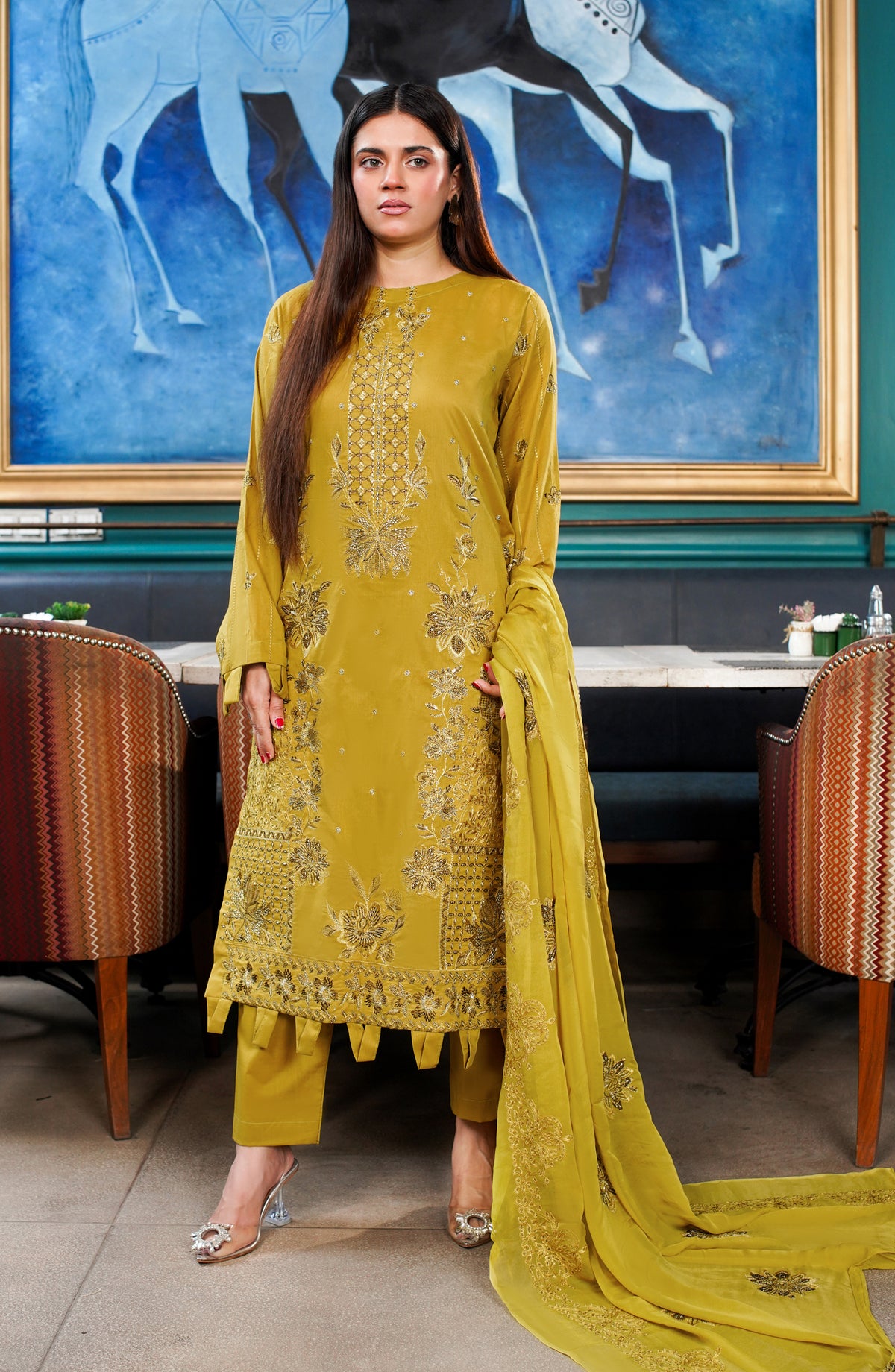 Marjjan Exclusive Embroidered Lawn Unstitched 3 Piece Suit - MNC 263 - MRJ26LW - Mustard - Luxury Collection