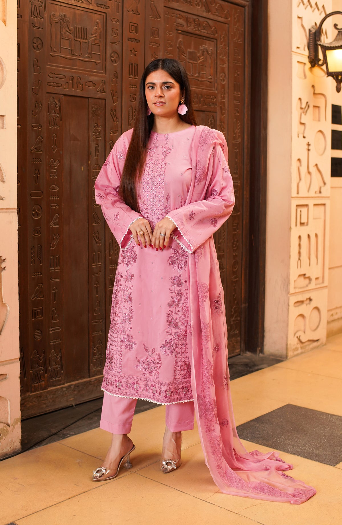 Marjjan Exclusive Embroidered Lawn Unstitched 3 Piece Suit - MNC 263 - MRJ26LW - Pink - Luxury Collection