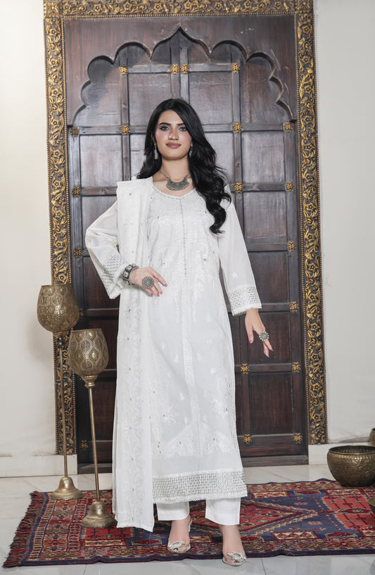Marjjan Exclusive Embroidered Lawn Unstitched 3 Piece Suit - MNC 269 - MRJ26LW - White - Luxury Collection