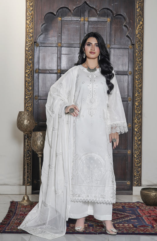 Marjjan Exclusive Embroidered Lawn Unstitched 3 Piece Suit - MNC 270 - MRJ26LW - White - Luxury Collection