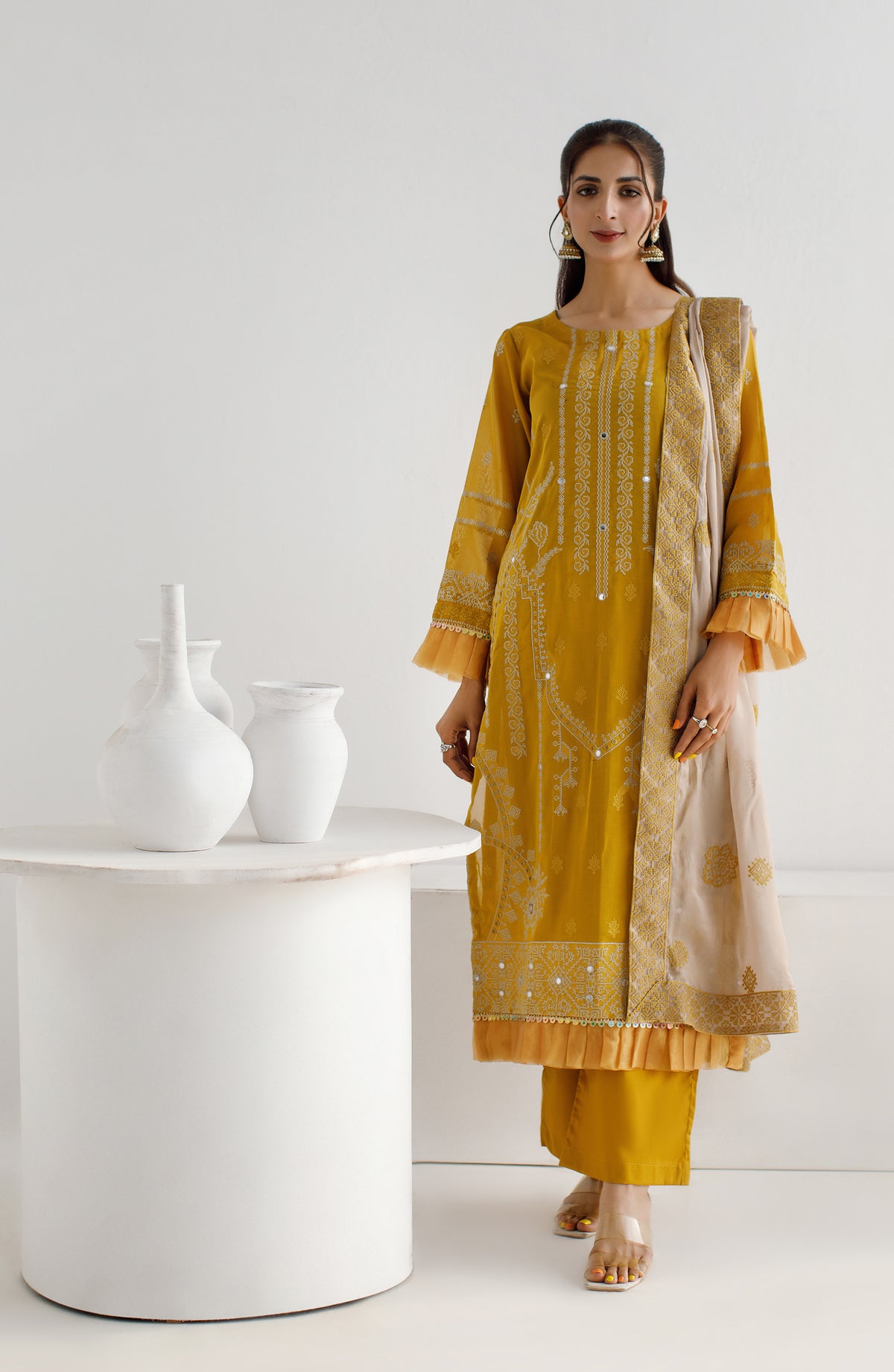 Marjjan Exclusive Embroidered Lawn Unstitched 3 Piece Suit - SMS 50 - MRJ26LW - Mustard - Luxury Collection
