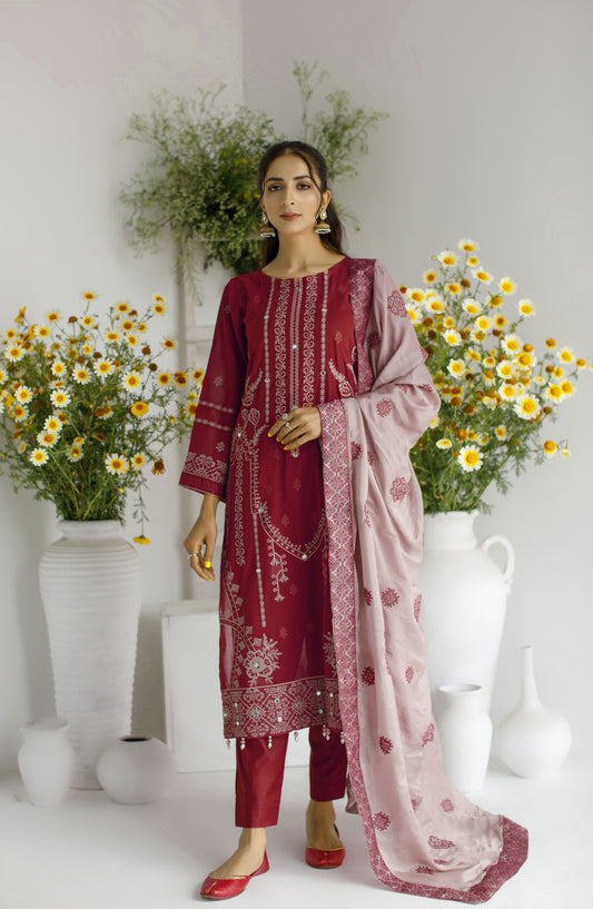 Marjjan Exclusive Embroidered Lawn Unstitched 3 Piece Suit - SMS 50 - MRJ26LW - Pink - Luxury Collection