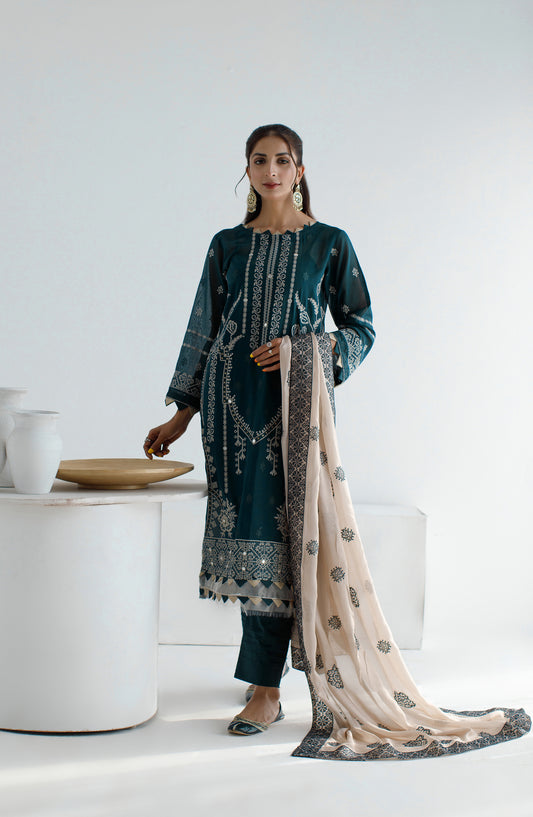 Marjjan Exclusive Embroidered Lawn Unstitched 3 Piece Suit - SMS 50 - MRJ26LW - Green - Luxury Collection