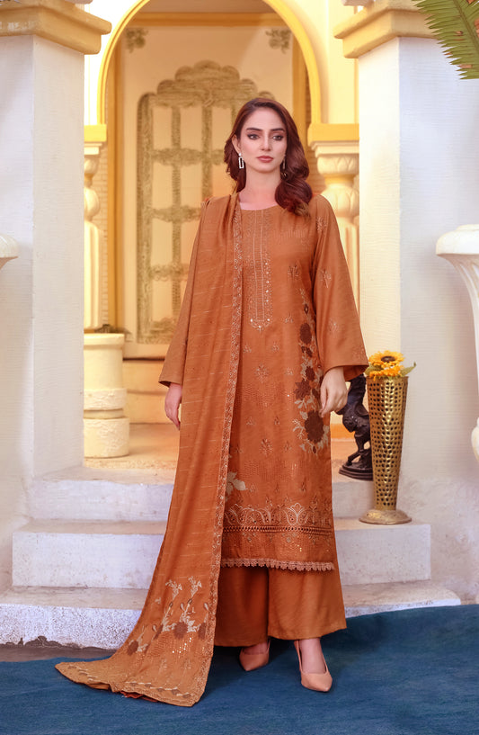 Marjjan Luxury Embroidered Resham Wool Unstitched 3 Piece Suit - MRW-512 Rust - MRJ25MRW - Winter Collection