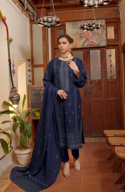 Marjjan Luxury Embroidered Resham Wool Unstitched 3 Piece Suit - MRW-517 Blue - MRJ25WRM - Winter Collection