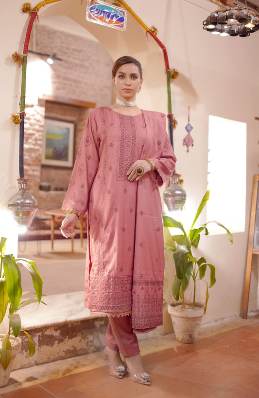 Marjjan Luxury Embroidered Resham Wool Unstitched 3 Piece Suit - MRW-517 Pink - MRJ25WRM - Winter Collection