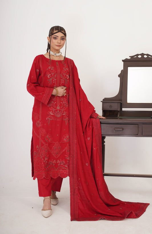 Marjjan Luxury Embroidered Resham Wool Unstitched 3 Piece Suit - MRW-518 Red - MRJ25WOL - Winter Collection