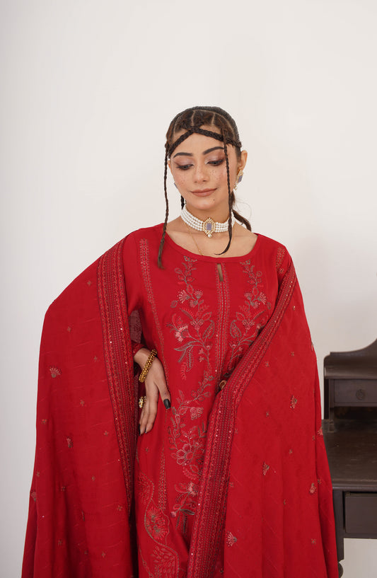 Marjjan Luxury Embroidered Resham Wool Unstitched 3 Piece Suit - MRW-518 Red - MRJ25WOL - Winter Collection