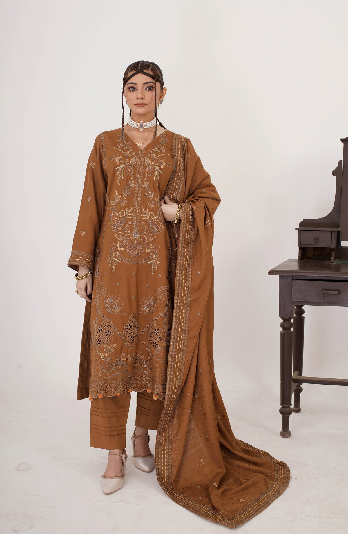 Marjjan Luxury Embroidered Resham Wool Unstitched 3 Piece Suit - MRW-518 Rust - MRJ25WOL - Winter Collection