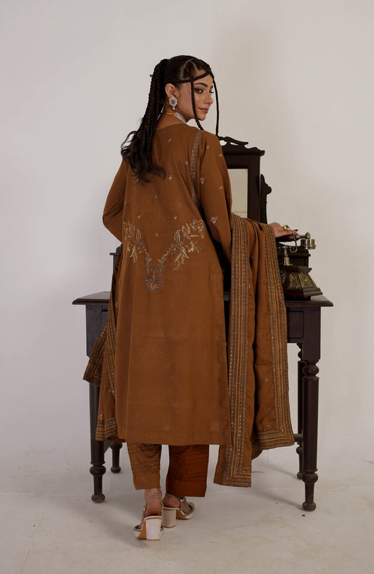 Marjjan Luxury Embroidered Resham Wool Unstitched 3 Piece Suit - MRW-518 Rust - MRJ25WOL - Winter Collection