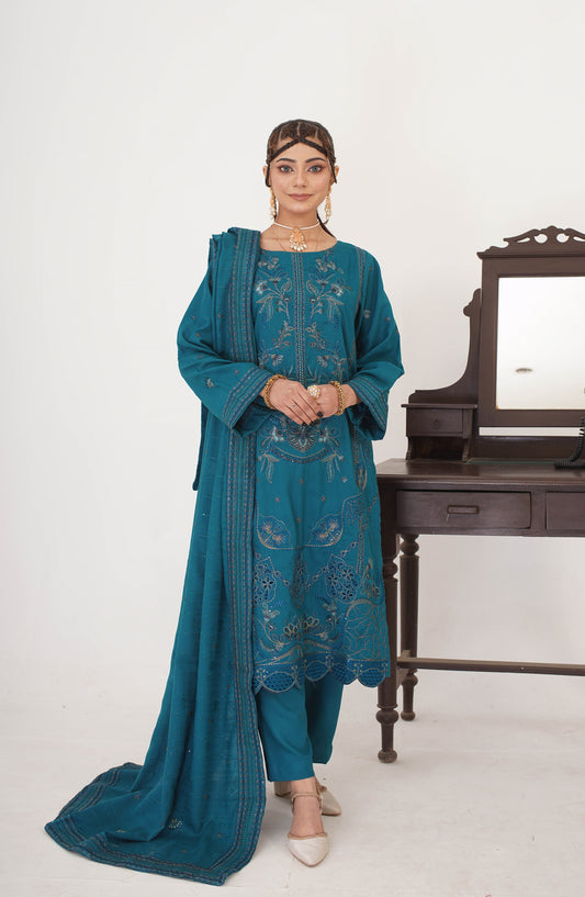 Marjjan Luxury Embroidered Resham Wool Unstitched 3 Piece Suit - MRW-518 Sea Green - MRJ25WOL - Winter Collection