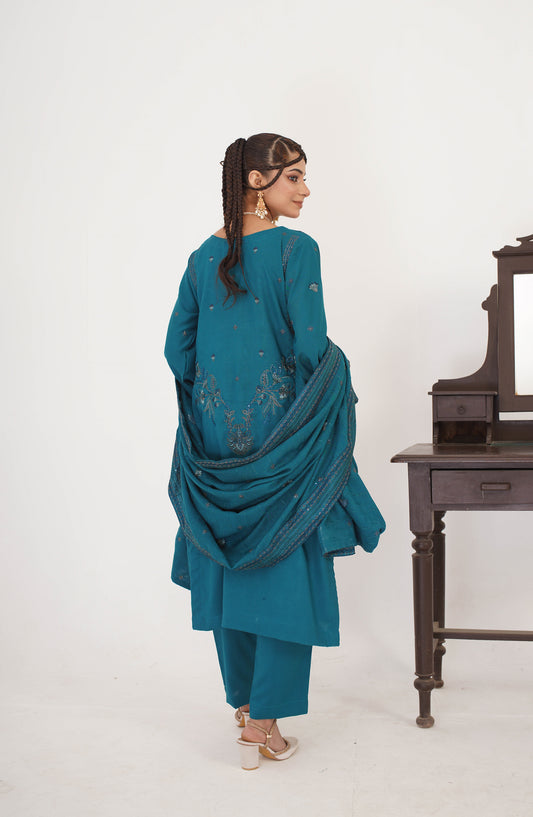 Marjjan Luxury Embroidered Resham Wool Unstitched 3 Piece Suit - MRW-518 Sea Green - MRJ25WOL - Winter Collection