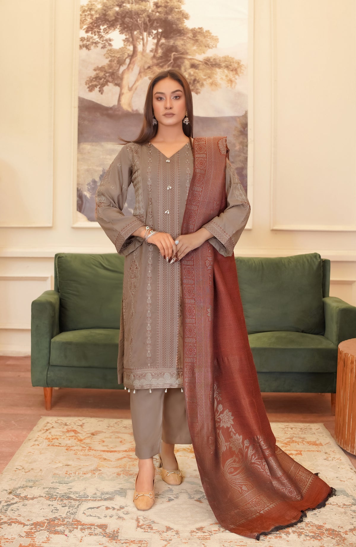 Marjjan Luxury Embroidered Slub Wool Unstitched 3 Piece Suit - MDS-80 Brown - MRJ25SLW - Winter Collection