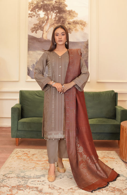 Marjjan Luxury Embroidered Slub Wool Unstitched 3 Piece Suit - MDS-80 Brown - MRJ25SLW - Winter Collection