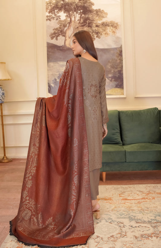 Marjjan Luxury Embroidered Slub Wool Unstitched 3 Piece Suit - MDS-80 Brown - MRJ25SLW - Winter Collection