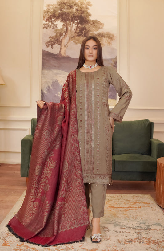 Marjjan Luxury Embroidered Slub Wool Unstitched 3 Piece Suit - MDS-80 Maroon - MRJ25SLW - Winter Collection