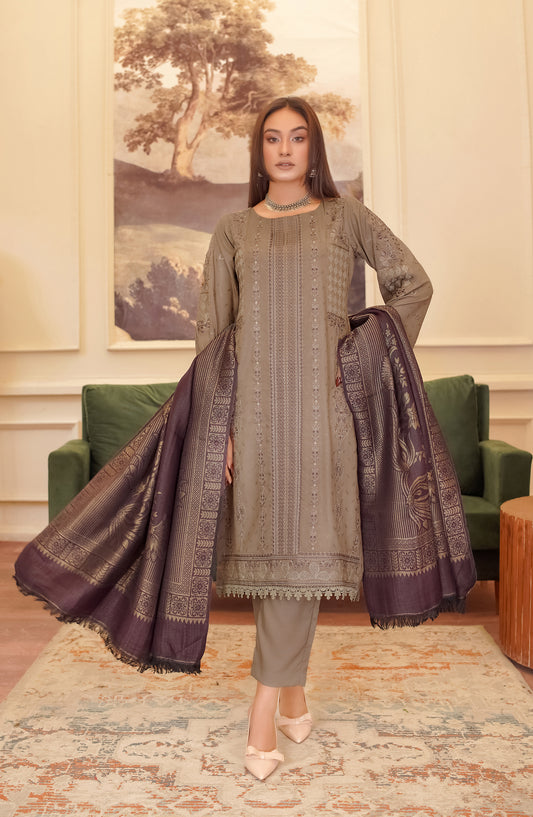 Marjjan Luxury Embroidered Slub Wool Unstitched 3 Piece Suit - MDS-80 Plum - MRJ25SLW - Winter Collection