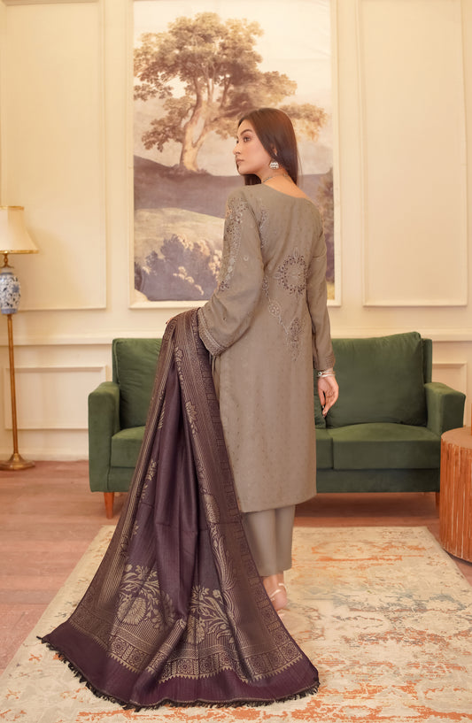 Marjjan Luxury Embroidered Slub Wool Unstitched 3 Piece Suit - MDS-80 Plum - MRJ25SLW - Winter Collection