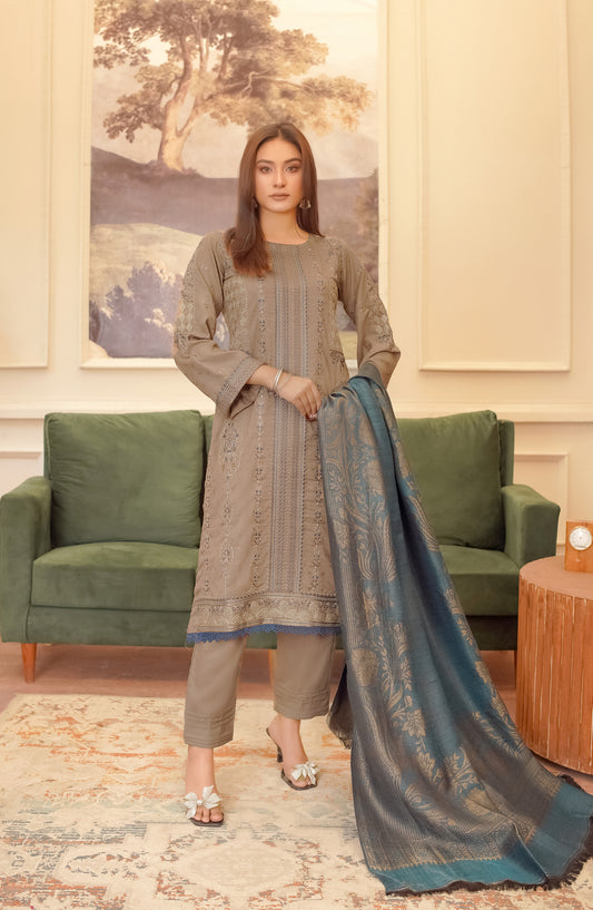 Marjjan Luxury Embroidered Slub Wool Unstitched 3 Piece Suit - MDS-80 Sea Green - MRJ25SLW - Winter Collection