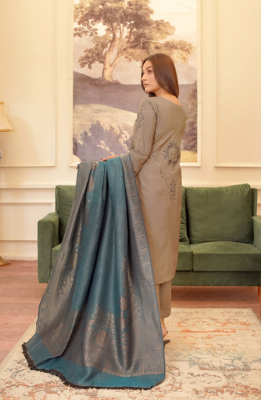 Marjjan Luxury Embroidered Slub Wool Unstitched 3 Piece Suit - MDS-80 Sea Green - MRJ25SLW - Winter Collection