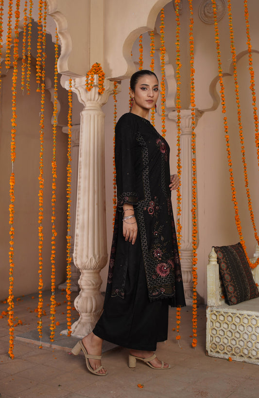 Marjjan Luxury Embroidered Slub Wool Unstitched 3 Piece Suit - MDS-81 Black - MRJ25PSH - Winter Collection