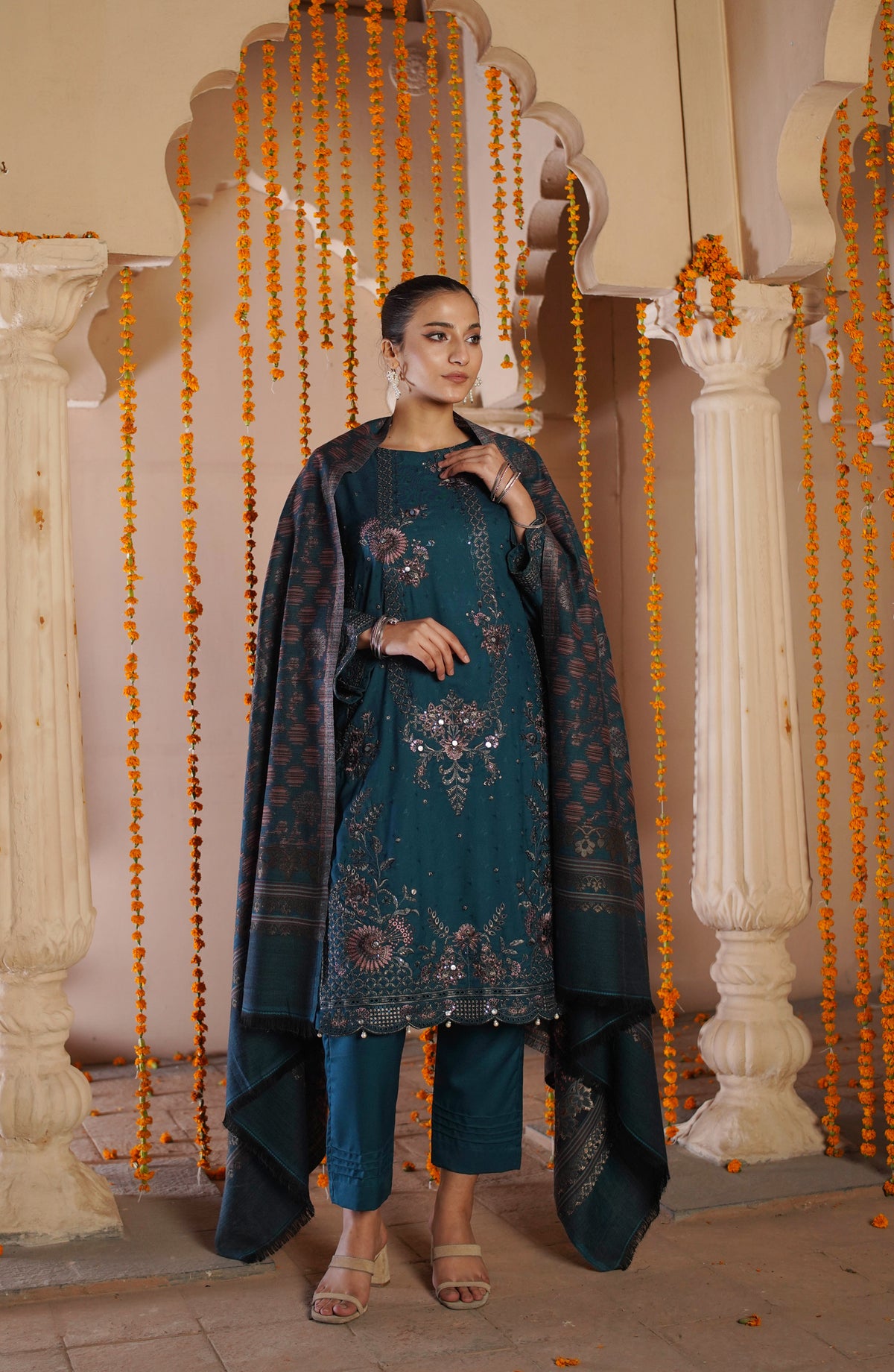 Marjjan Luxury Embroidered Slub Wool Unstitched 3 Piece Suit - MDS-81 Green - MRJ25PSH - Winter Collection