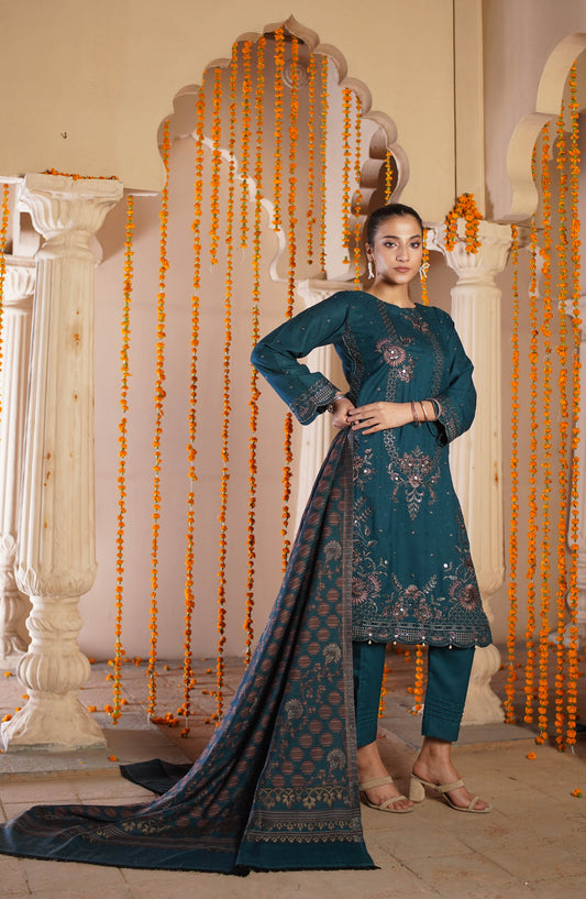 Marjjan Luxury Embroidered Slub Wool Unstitched 3 Piece Suit - MDS-81 Green - MRJ25PSH - Winter Collection