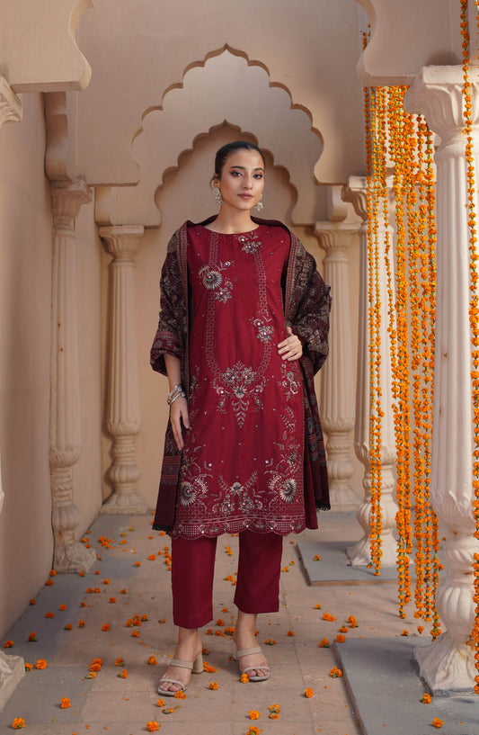 Marjjan Luxury Embroidered Slub Wool Unstitched 3 Piece Suit - MDS-81 Red - MRJ25PSH - Winter Collection