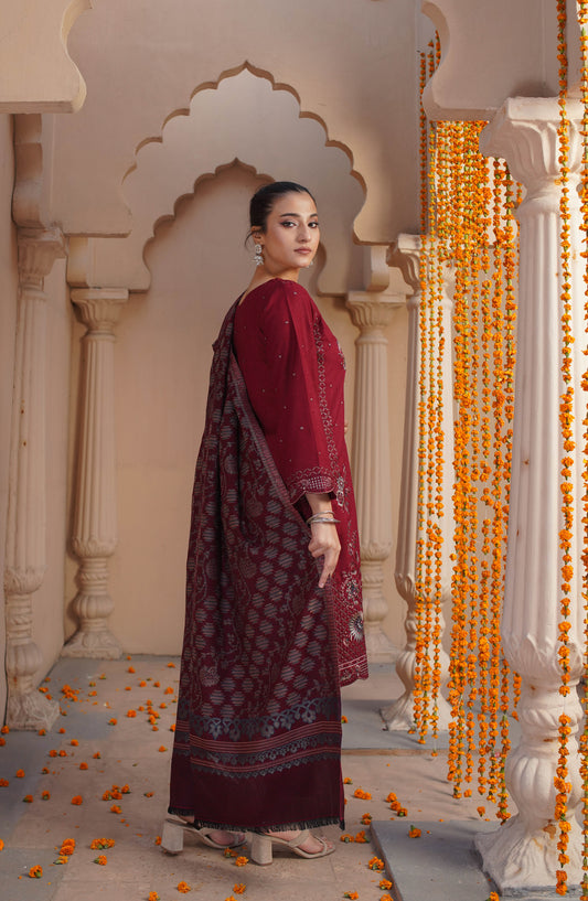 Marjjan Luxury Embroidered Slub Wool Unstitched 3 Piece Suit - MDS-81 Red - MRJ25PSH - Winter Collection