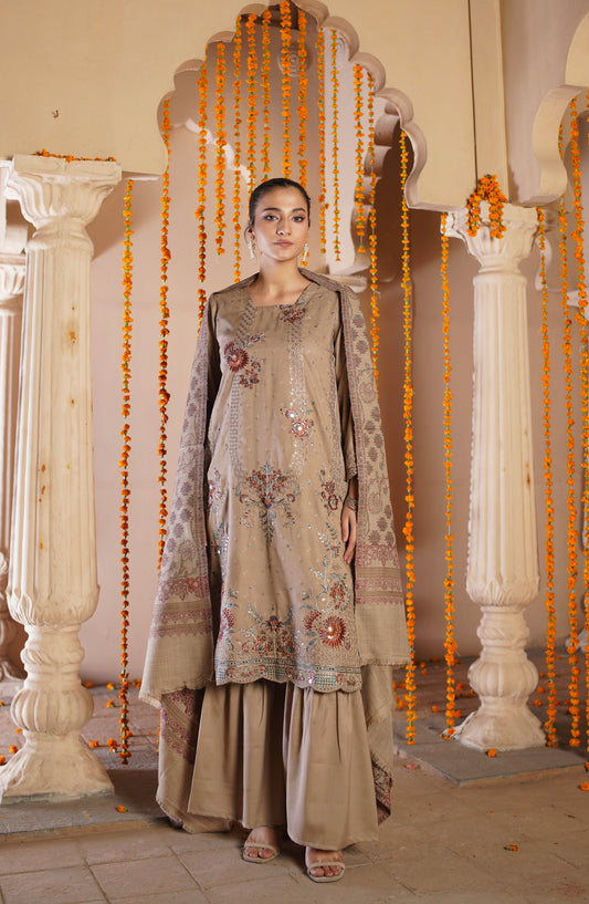 Marjjan Luxury Embroidered Slub Wool Unstitched 3 Piece Suit - MDS-81 Skin - MRJ25PSH - Winter Collection