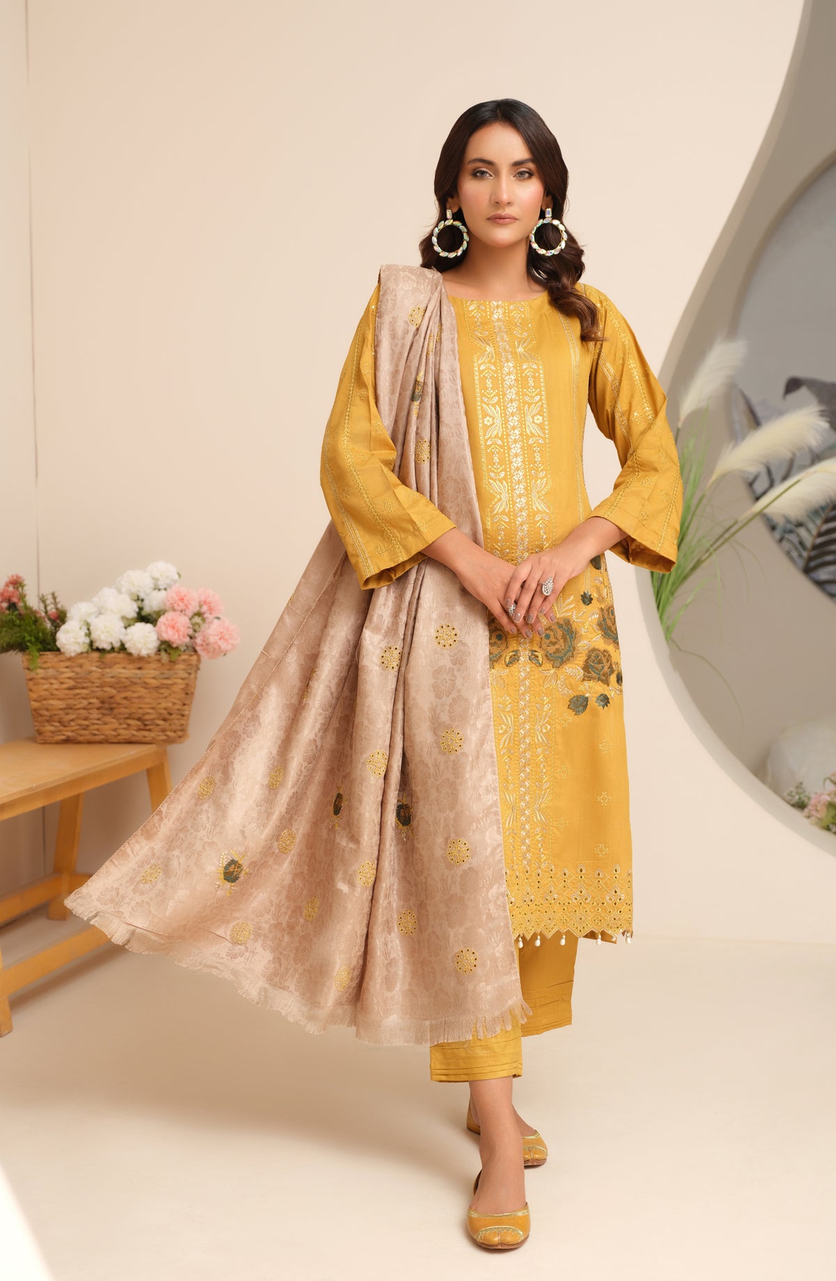 Marjjan Luxury Embroidered Viscose Unstitched 3 Piece Suit - MV-272 Mustard - MRJ25EMV - Winter Collection