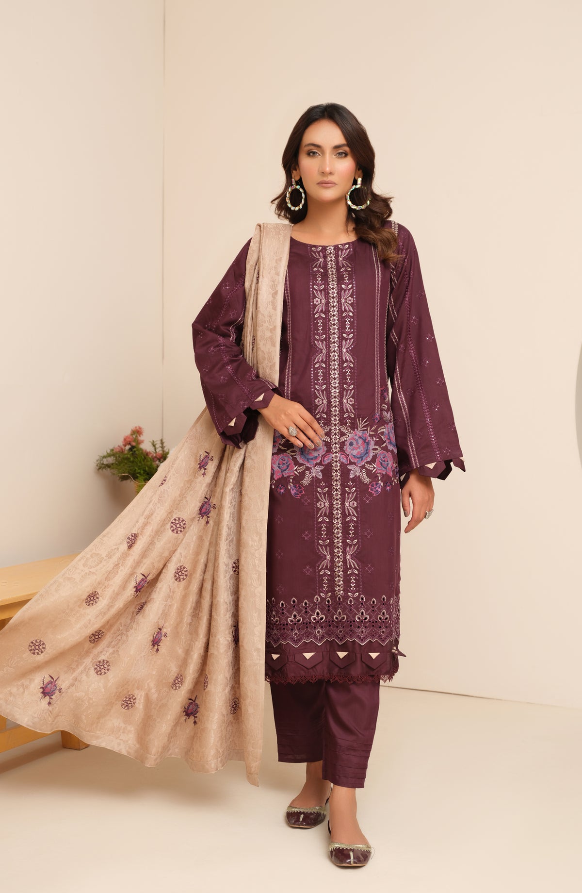 Marjjan Luxury Embroidered Viscose Unstitched 3 Piece Suit - MV-272 Purple - MRJ25EMV - Winter Collection