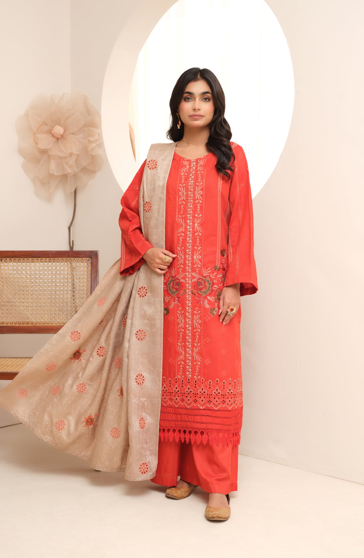 Marjjan Luxury Embroidered Viscose Unstitched 3 Piece Suit - MV-272 Red - MRJ25EMV - Winter Collection