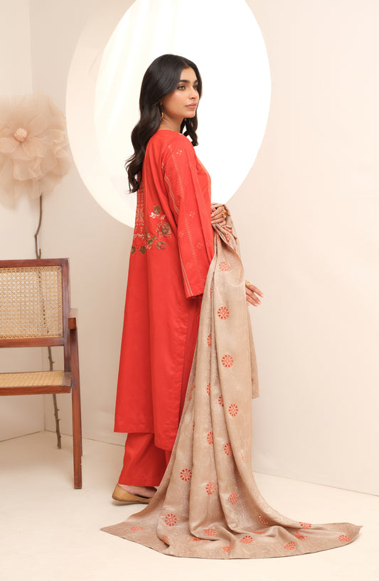 Marjjan Luxury Embroidered Viscose Unstitched 3 Piece Suit - MV-272 Red - MRJ25EMV - Winter Collection