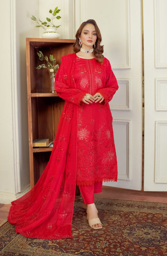 Marjjan Luxury Embroidered Viscose Unstitched 3 Piece Suit - MV-277 Red - MRJ25BRD - Winter Collection