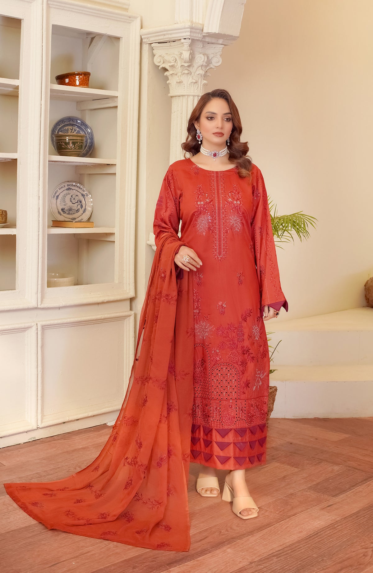 Marjjan Luxury Embroidered Viscose Unstitched 3 Piece Suit - MV-277 Rust - MRJ25BRD - Winter Collection