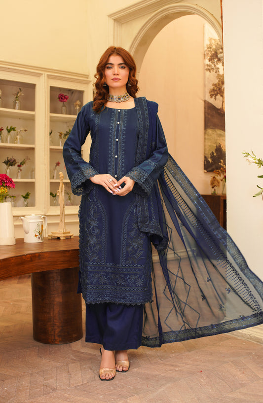 Marjjan Luxury Embroidered Viscose Unstitched 3 Piece Suit - MV-280 Blue - MRJ25SED - Winter Collection