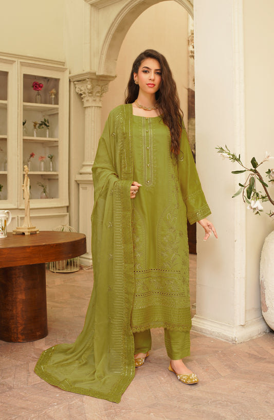 Marjjan Luxury Embroidered Viscose Unstitched 3 Piece Suit - MV-280 Green - MRJ25SED - Winter Collection