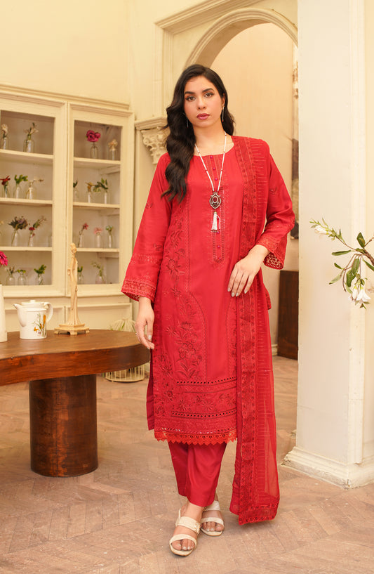 Marjjan Luxury Embroidered Viscose Unstitched 3 Piece Suit - MV-280 Red - MRJ25SED - Winter Collection