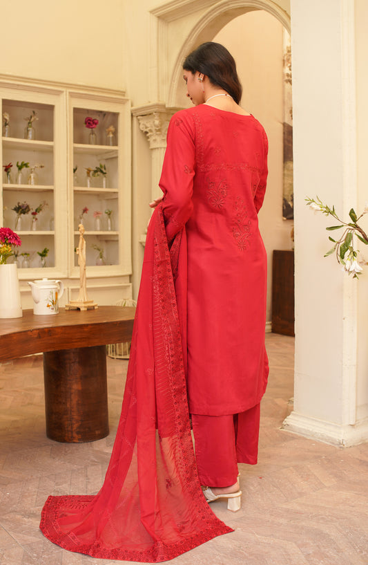 Marjjan Luxury Embroidered Viscose Unstitched 3 Piece Suit - MV-280 Red - MRJ25SED - Winter Collection