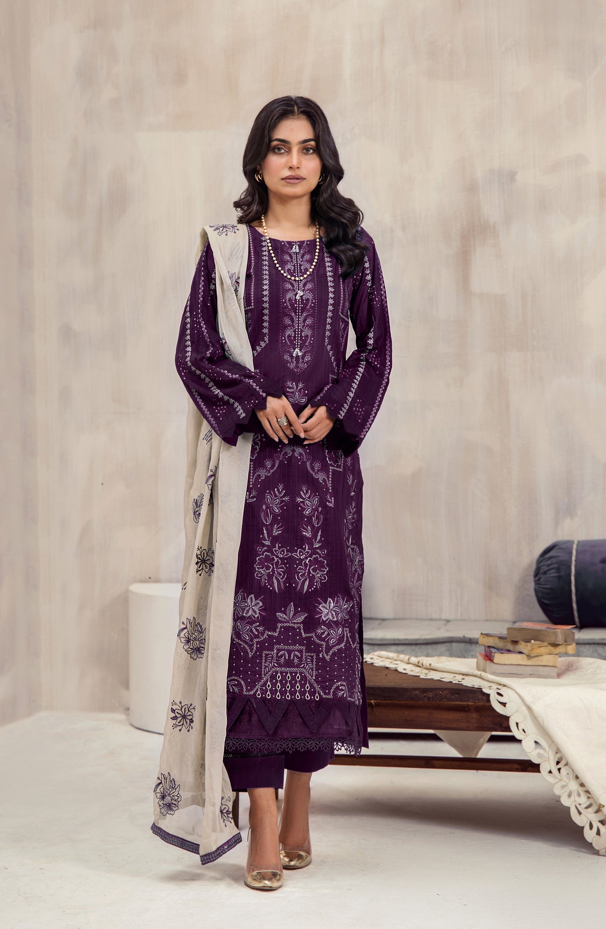 Marjjan Luxury Embroidered Viscose Unstitched 3 Piece Suit - MV-291 Purple - MRJ25CSV - Winter Collection