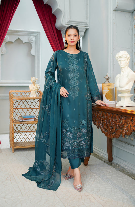 Marjjan Unstitched Embroidered Viscose Unstitched 3 Piece Suit - MV-284 Teal - VSC25MR - Winter Collection