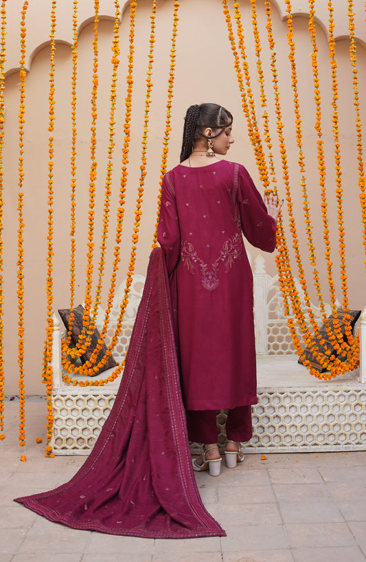 Marjjan Luxury Embroidered Resham Wool Unstitched 3 Piece Suit - MRW-518 Plum - MRJ25WOL - Winter Collection