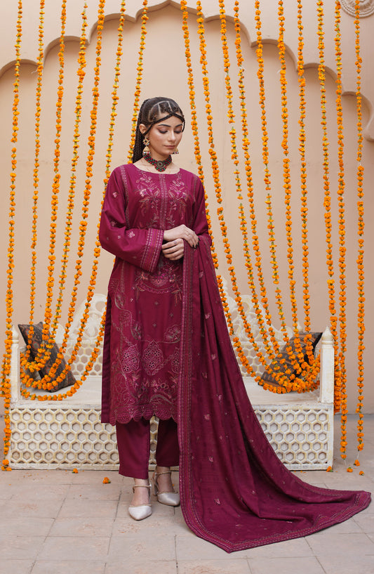 Marjjan Luxury Embroidered Resham Wool Unstitched 3 Piece Suit - MRW-518 Plum - MRJ25WOL - Winter Collection